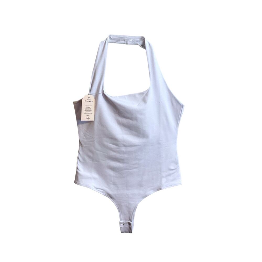 Berryou Bodysuit SZ L White Halter Stretch Cotton‎ Cheeky Stretch